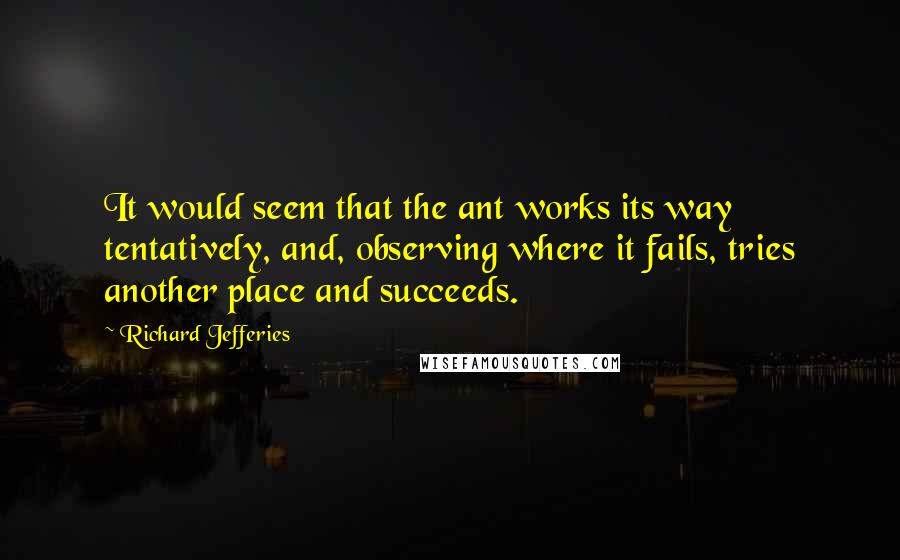 Richard Jefferies Quotes: It would seem that the ant works its way tentatively, and, observing where it fails, tries another place and succeeds.