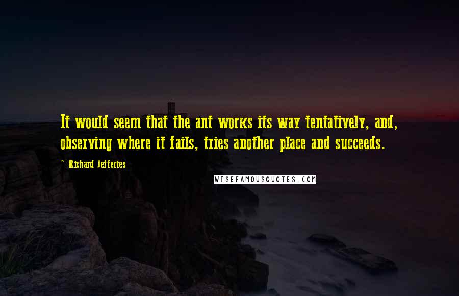 Richard Jefferies Quotes: It would seem that the ant works its way tentatively, and, observing where it fails, tries another place and succeeds.