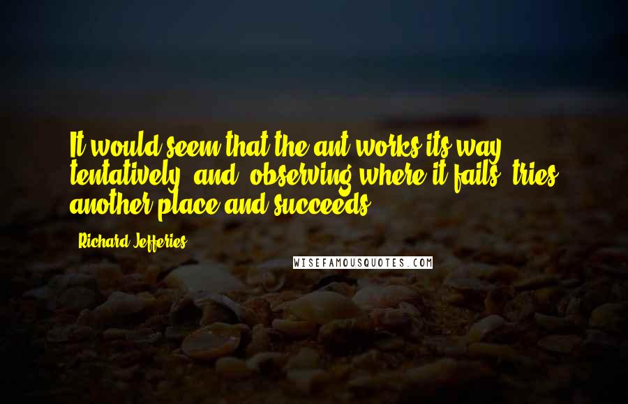 Richard Jefferies Quotes: It would seem that the ant works its way tentatively, and, observing where it fails, tries another place and succeeds.