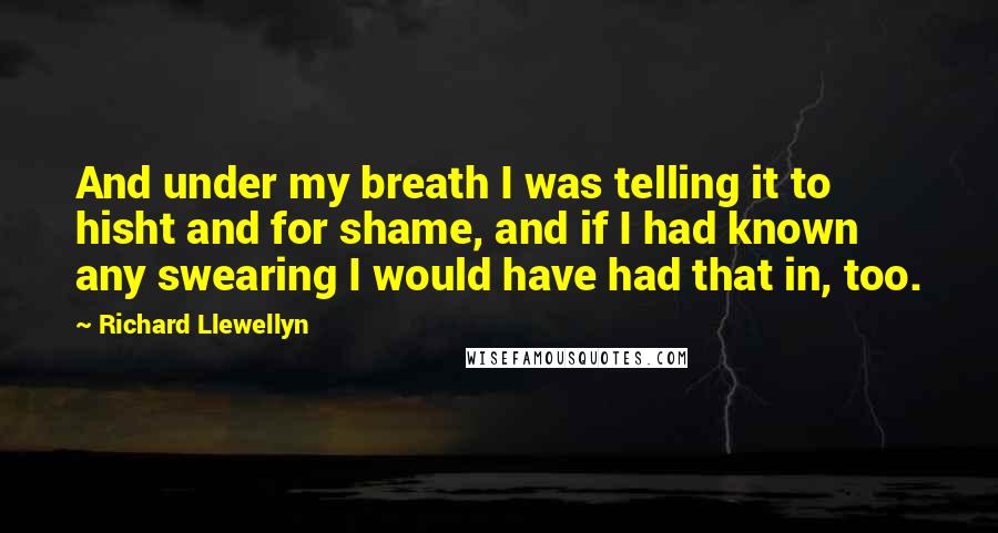 Richard Llewellyn Quotes: And under my breath I was telling it to hisht and for shame, and if I had known any swearing I would have had that in, too.