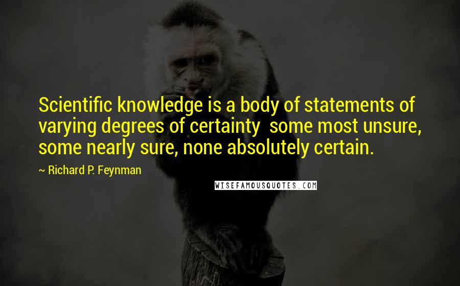 Richard P. Feynman Quotes: Scientific knowledge is a body of statements of varying degrees of certainty  some most unsure, some nearly sure, none absolutely certain.