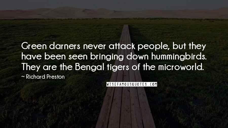 Richard Preston Quotes: Green darners never attack people, but they have been seen bringing down hummingbirds. They are the Bengal tigers of the microworld.