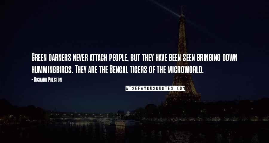 Richard Preston Quotes: Green darners never attack people, but they have been seen bringing down hummingbirds. They are the Bengal tigers of the microworld.