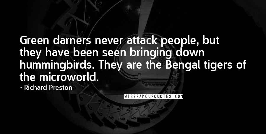 Richard Preston Quotes: Green darners never attack people, but they have been seen bringing down hummingbirds. They are the Bengal tigers of the microworld.