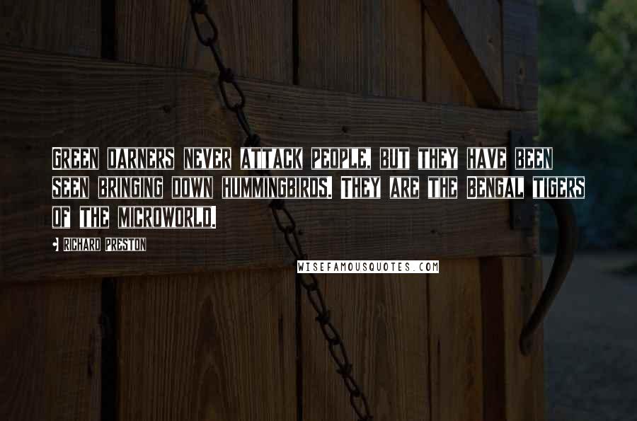 Richard Preston Quotes: Green darners never attack people, but they have been seen bringing down hummingbirds. They are the Bengal tigers of the microworld.