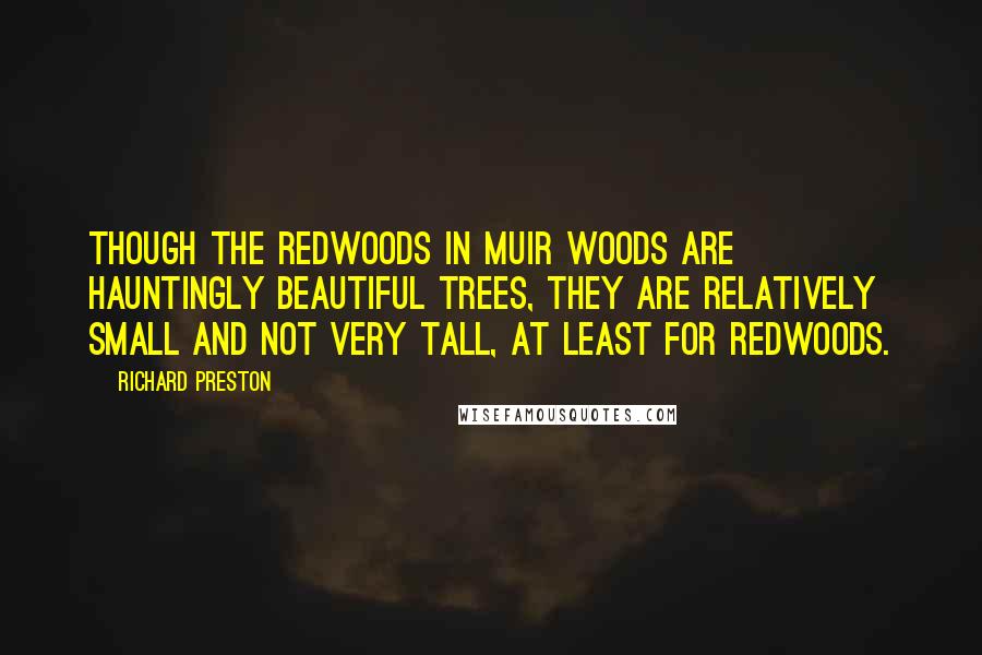 Richard Preston Quotes: Though the redwoods in Muir Woods are hauntingly beautiful trees, they are relatively small and not very tall, at least for redwoods.