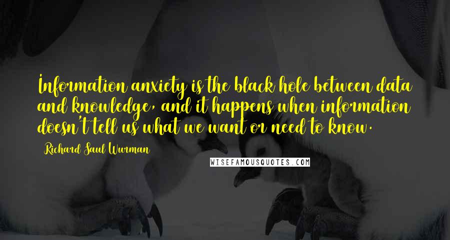 Richard Saul Wurman Quotes: Information anxiety is the black hole between data and knowledge, and it happens when information doesn't tell us what we want or need to know.