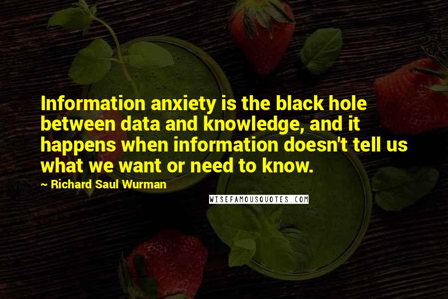 Richard Saul Wurman Quotes: Information anxiety is the black hole between data and knowledge, and it happens when information doesn't tell us what we want or need to know.