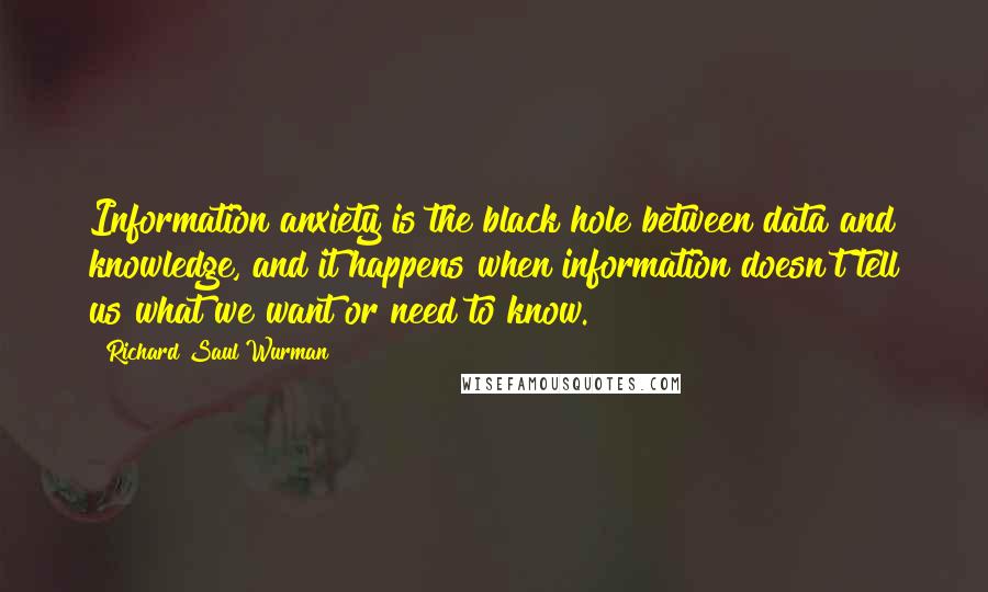 Richard Saul Wurman Quotes: Information anxiety is the black hole between data and knowledge, and it happens when information doesn't tell us what we want or need to know.