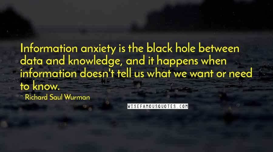 Richard Saul Wurman Quotes: Information anxiety is the black hole between data and knowledge, and it happens when information doesn't tell us what we want or need to know.