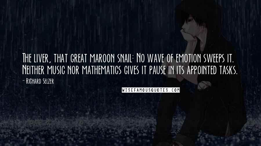 Richard Selzer Quotes: The liver, that great maroon snail: No wave of emotion sweeps it. Neither music nor mathematics gives it pause in its appointed tasks.