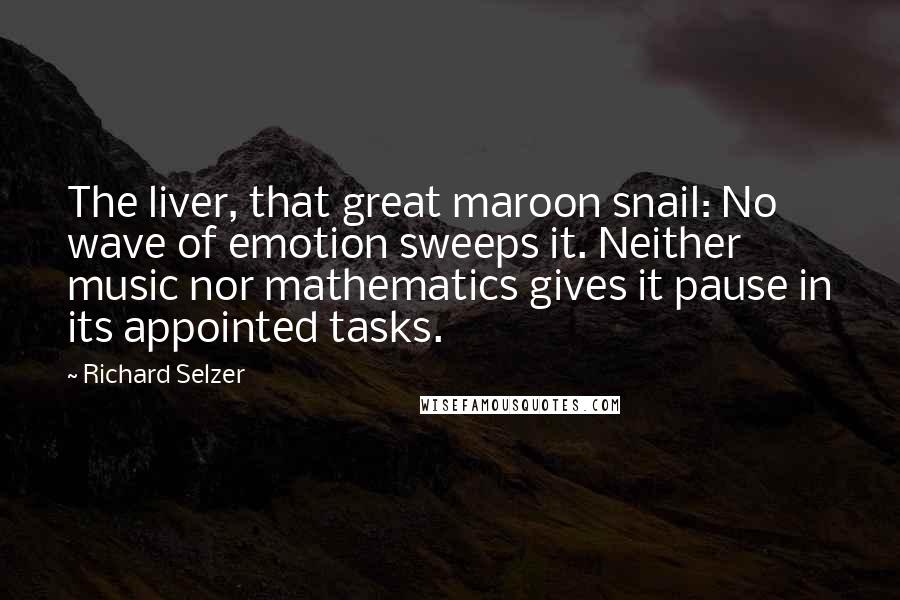 Richard Selzer Quotes: The liver, that great maroon snail: No wave of emotion sweeps it. Neither music nor mathematics gives it pause in its appointed tasks.