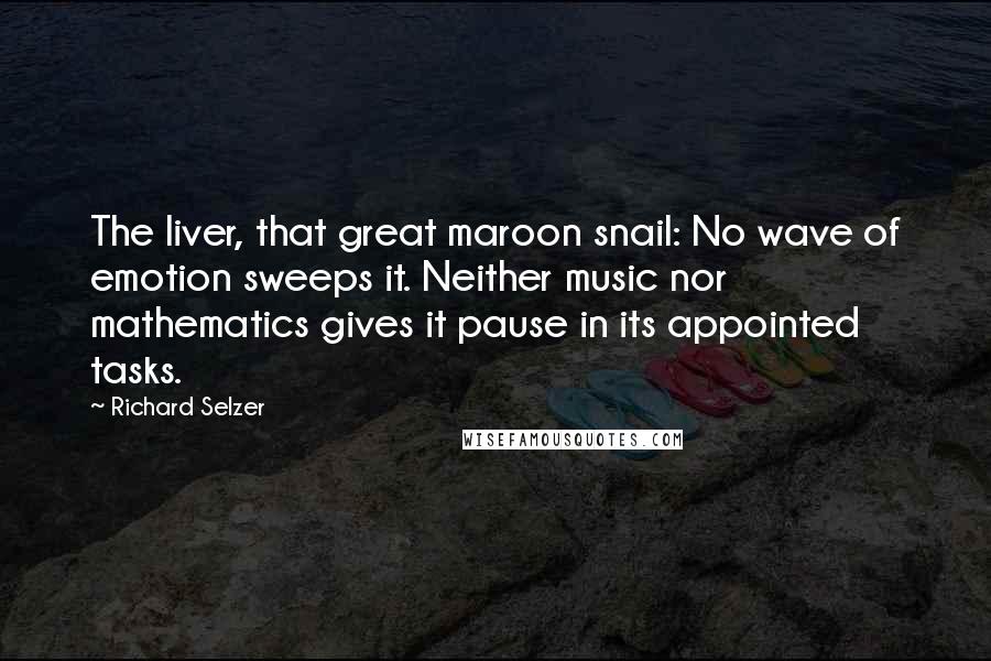 Richard Selzer Quotes: The liver, that great maroon snail: No wave of emotion sweeps it. Neither music nor mathematics gives it pause in its appointed tasks.