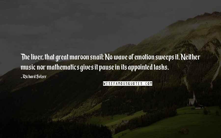 Richard Selzer Quotes: The liver, that great maroon snail: No wave of emotion sweeps it. Neither music nor mathematics gives it pause in its appointed tasks.