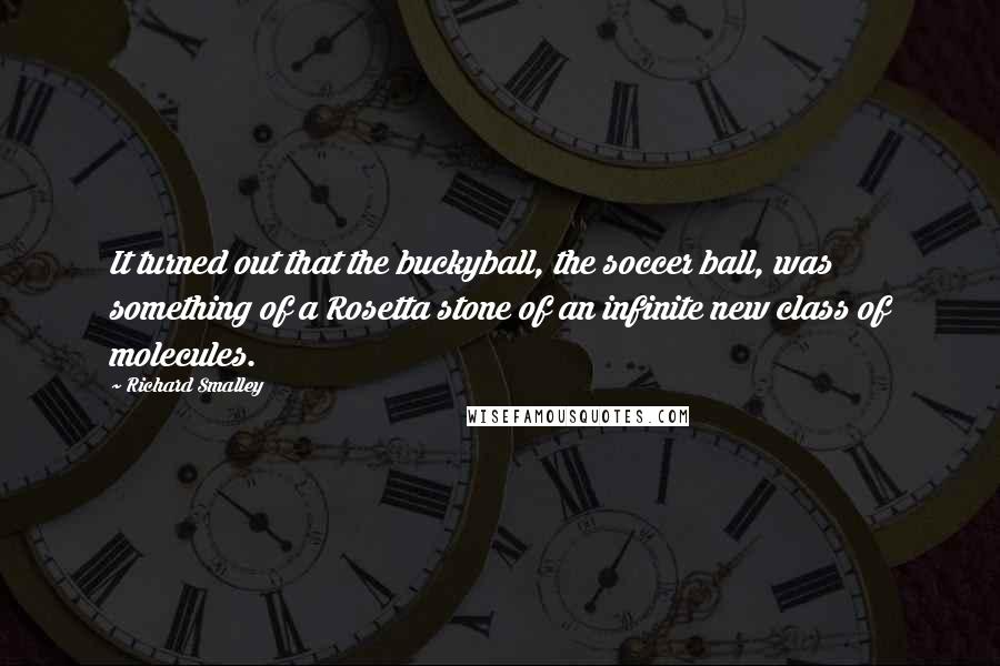 Richard Smalley Quotes: It turned out that the buckyball, the soccer ball, was something of a Rosetta stone of an infinite new class of molecules.