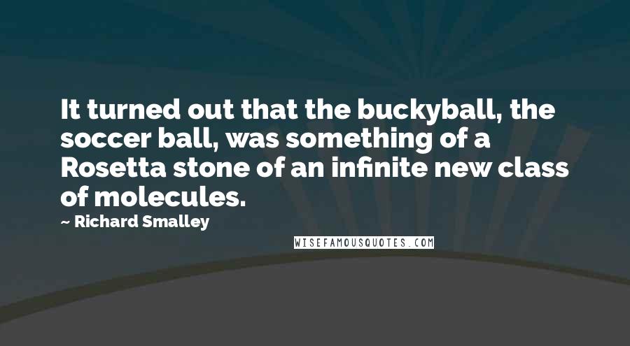 Richard Smalley Quotes: It turned out that the buckyball, the soccer ball, was something of a Rosetta stone of an infinite new class of molecules.