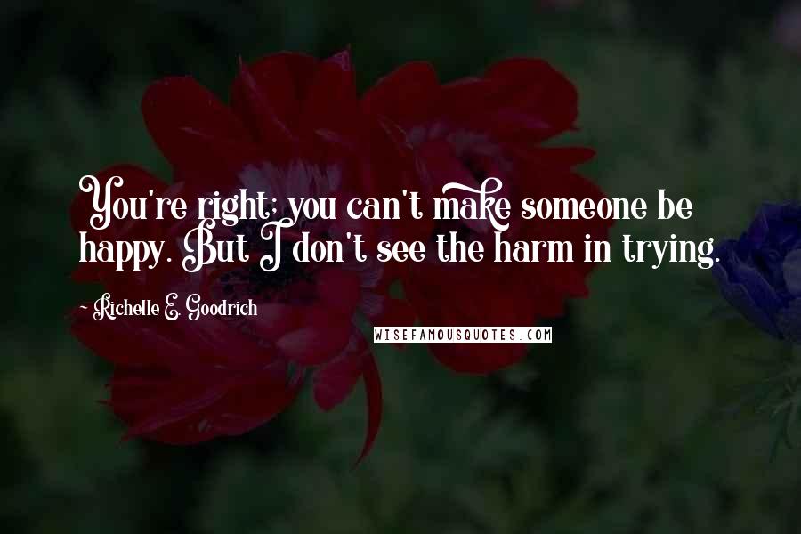 Richelle E. Goodrich Quotes: You're right; you can't make someone be happy. But I don't see the harm in trying.