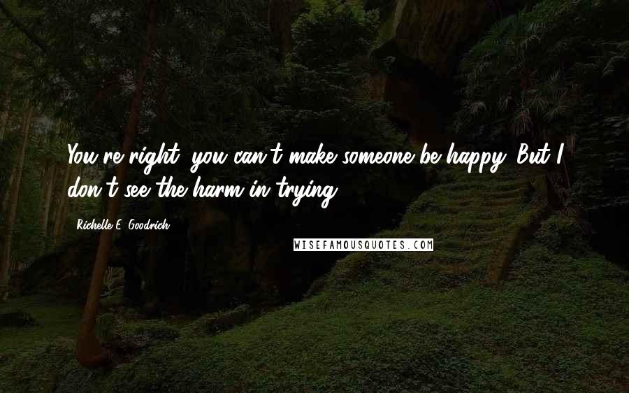 Richelle E. Goodrich Quotes: You're right; you can't make someone be happy. But I don't see the harm in trying.