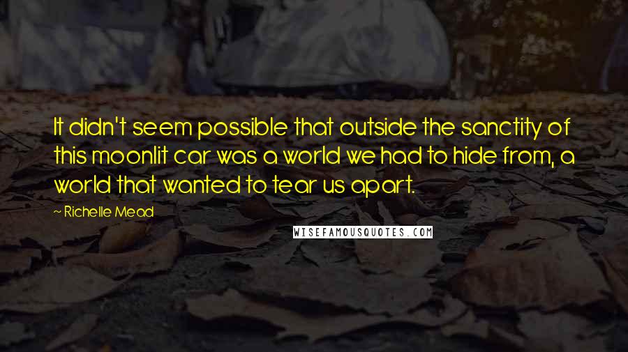 Richelle Mead Quotes: It didn't seem possible that outside the sanctity of this moonlit car was a world we had to hide from, a world that wanted to tear us apart.