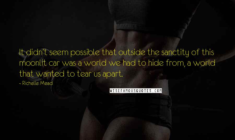 Richelle Mead Quotes: It didn't seem possible that outside the sanctity of this moonlit car was a world we had to hide from, a world that wanted to tear us apart.