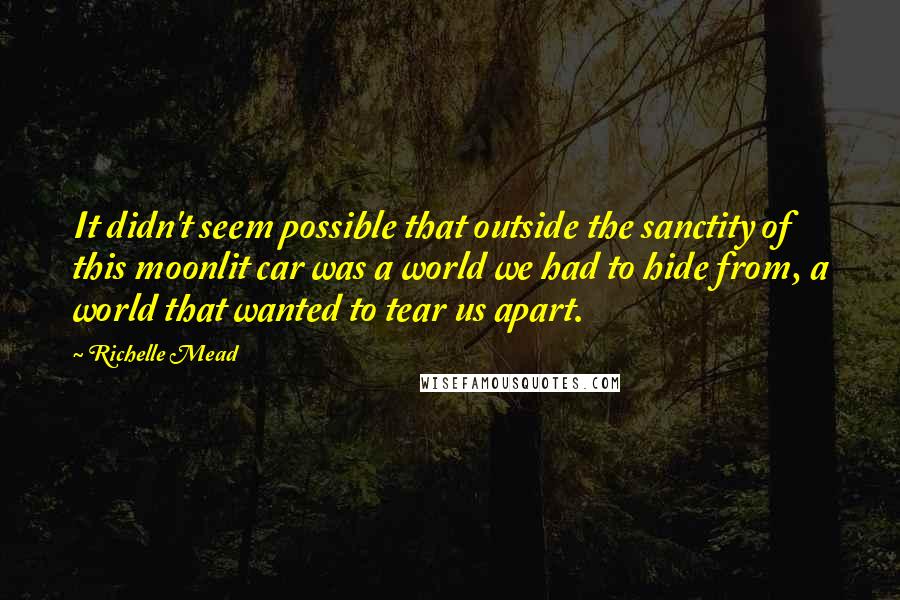 Richelle Mead Quotes: It didn't seem possible that outside the sanctity of this moonlit car was a world we had to hide from, a world that wanted to tear us apart.