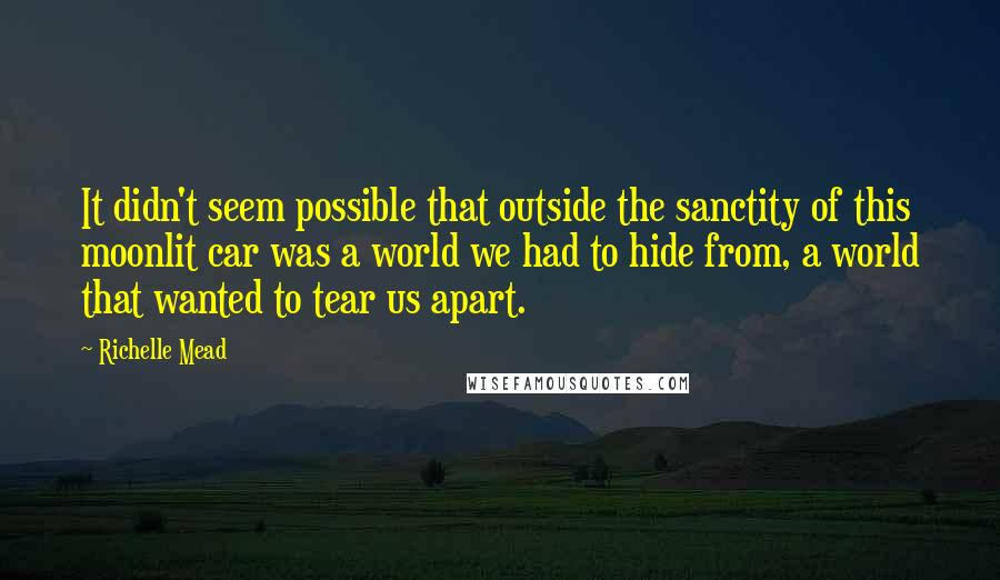 Richelle Mead Quotes: It didn't seem possible that outside the sanctity of this moonlit car was a world we had to hide from, a world that wanted to tear us apart.