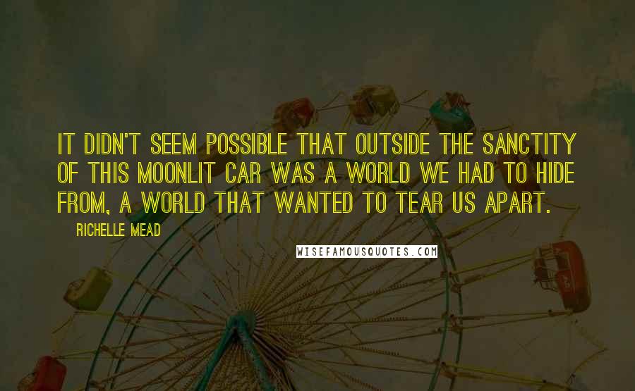 Richelle Mead Quotes: It didn't seem possible that outside the sanctity of this moonlit car was a world we had to hide from, a world that wanted to tear us apart.