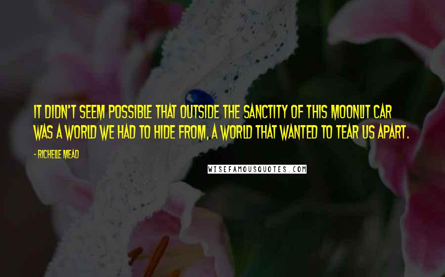 Richelle Mead Quotes: It didn't seem possible that outside the sanctity of this moonlit car was a world we had to hide from, a world that wanted to tear us apart.