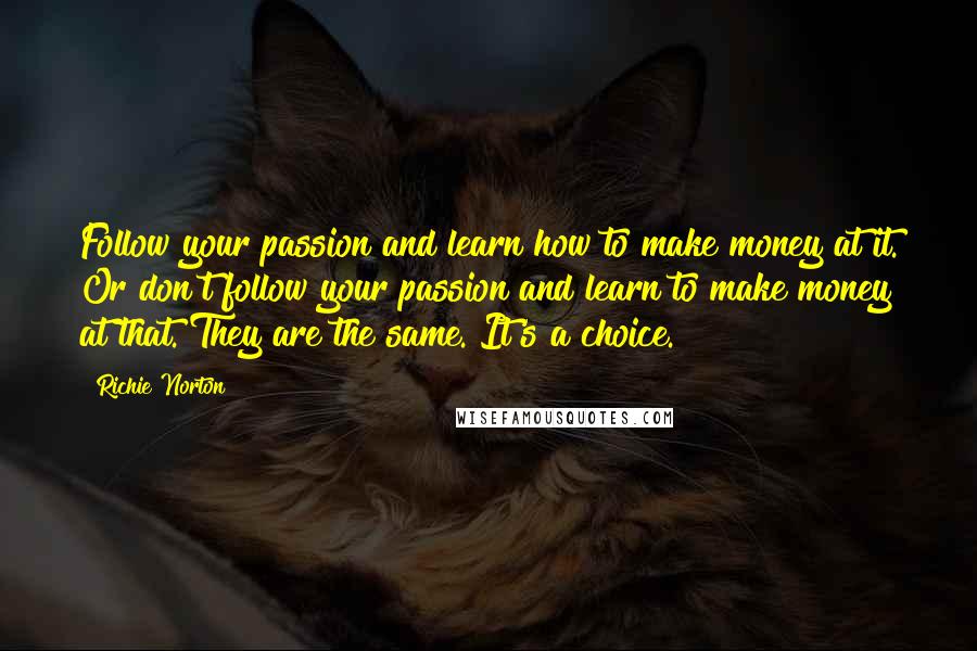 Richie Norton Quotes: Follow your passion and learn how to make money at it. Or don't follow your passion and learn to make money at that. They are the same. It's a choice.