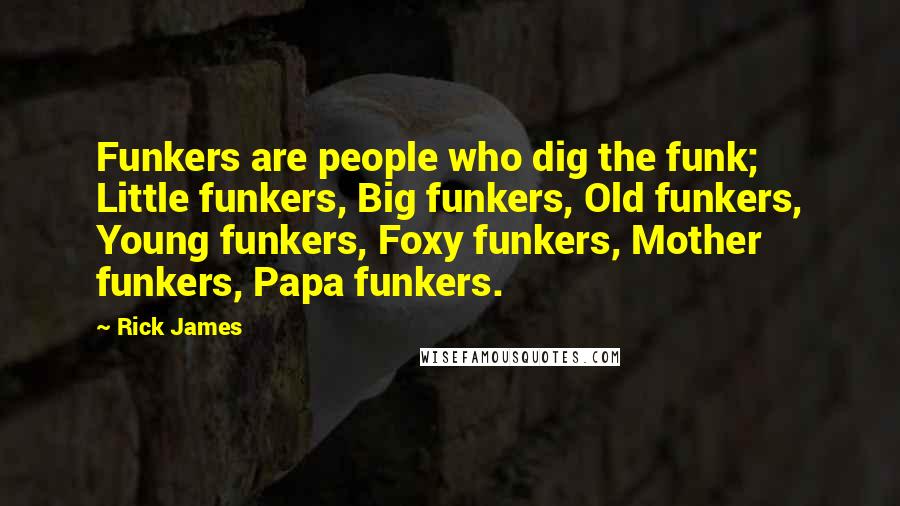 Rick James Quotes: Funkers are people who dig the funk; Little funkers, Big funkers, Old funkers, Young funkers, Foxy funkers, Mother funkers, Papa funkers.