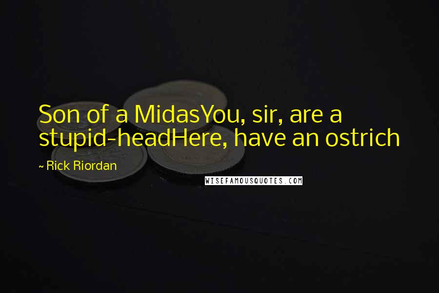 Rick Riordan Quotes: Son of a MidasYou, sir, are a stupid-headHere, have an ostrich