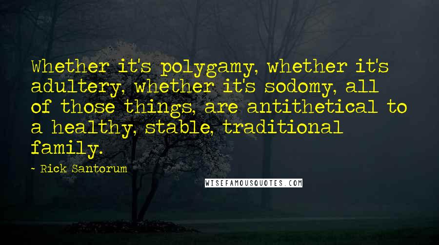 Rick Santorum Quotes: Whether it's polygamy, whether it's adultery, whether it's sodomy, all of those things, are antithetical to a healthy, stable, traditional family.