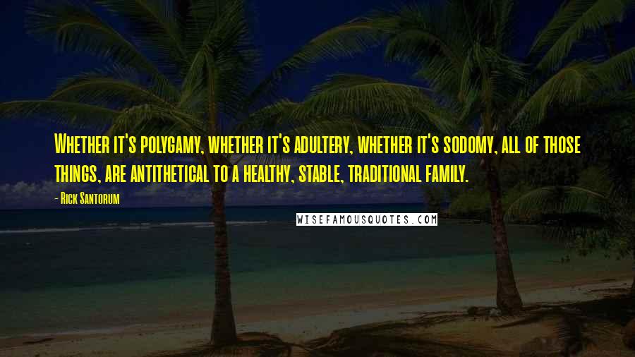 Rick Santorum Quotes: Whether it's polygamy, whether it's adultery, whether it's sodomy, all of those things, are antithetical to a healthy, stable, traditional family.