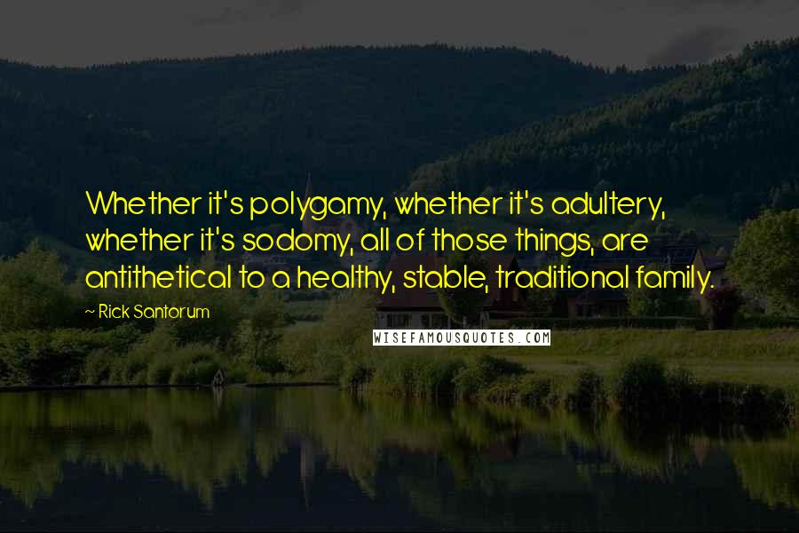 Rick Santorum Quotes: Whether it's polygamy, whether it's adultery, whether it's sodomy, all of those things, are antithetical to a healthy, stable, traditional family.