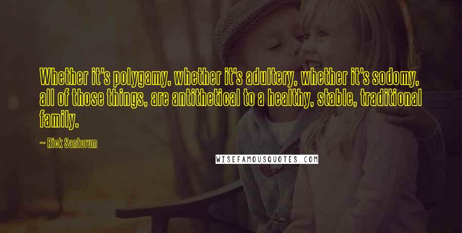 Rick Santorum Quotes: Whether it's polygamy, whether it's adultery, whether it's sodomy, all of those things, are antithetical to a healthy, stable, traditional family.