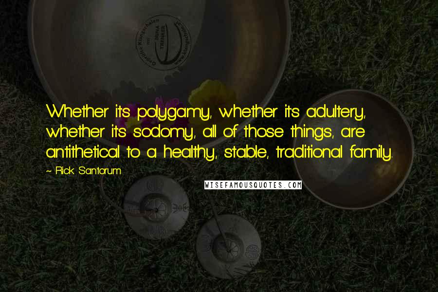 Rick Santorum Quotes: Whether it's polygamy, whether it's adultery, whether it's sodomy, all of those things, are antithetical to a healthy, stable, traditional family.