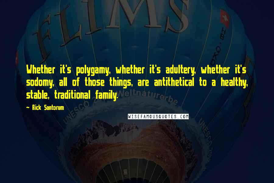 Rick Santorum Quotes: Whether it's polygamy, whether it's adultery, whether it's sodomy, all of those things, are antithetical to a healthy, stable, traditional family.