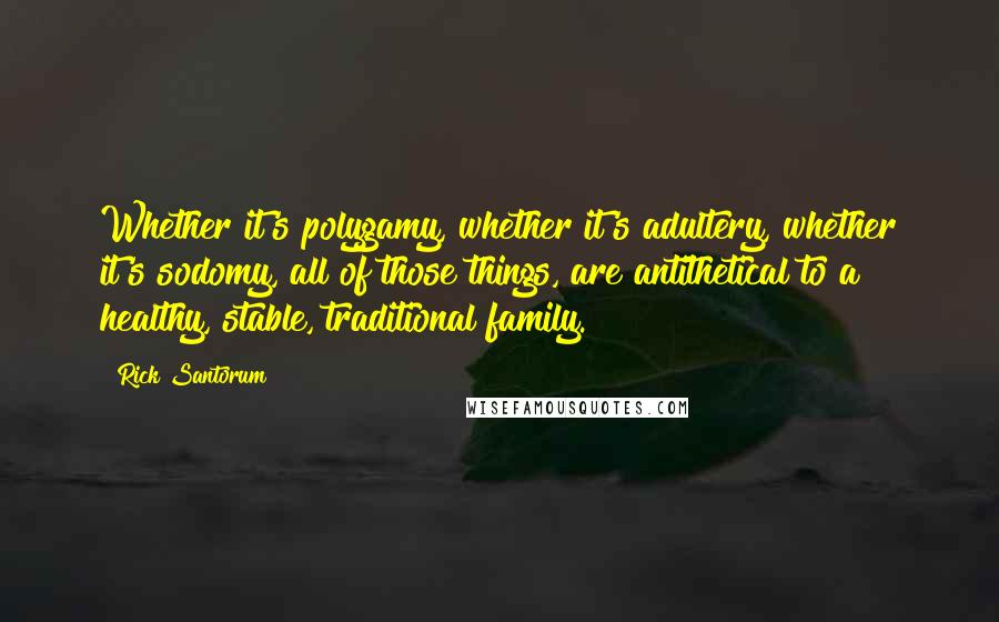 Rick Santorum Quotes: Whether it's polygamy, whether it's adultery, whether it's sodomy, all of those things, are antithetical to a healthy, stable, traditional family.