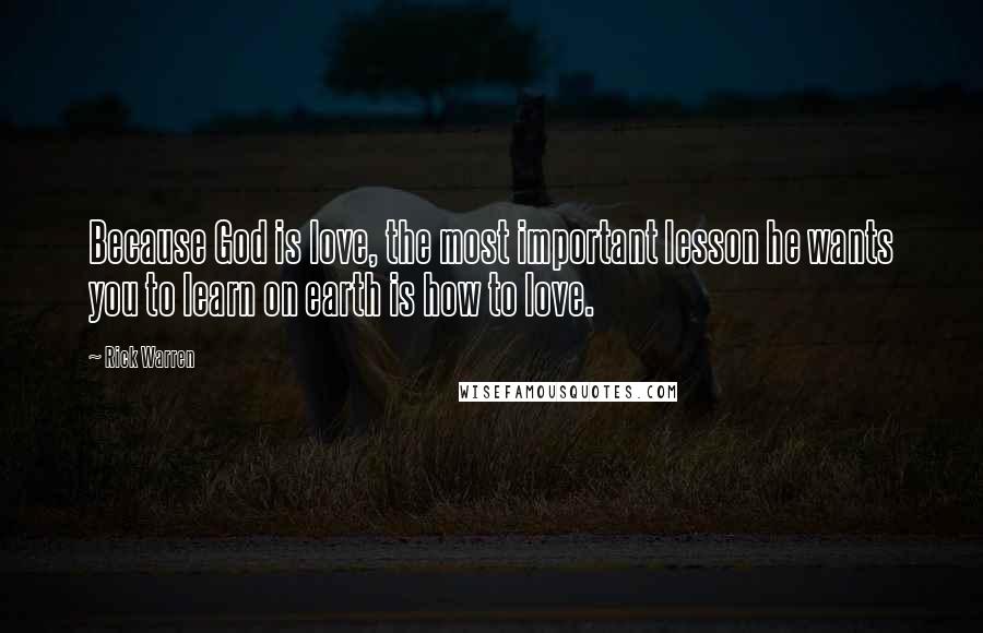 Rick Warren Quotes: Because God is love, the most important lesson he wants you to learn on earth is how to love.