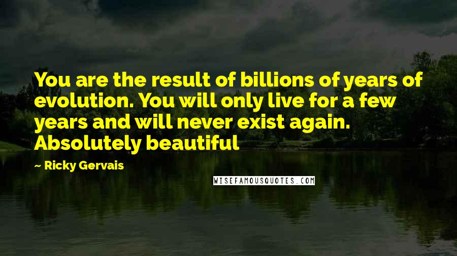 Ricky Gervais Quotes: You are the result of billions of years of evolution. You will only live for a few years and will never exist again. Absolutely beautiful