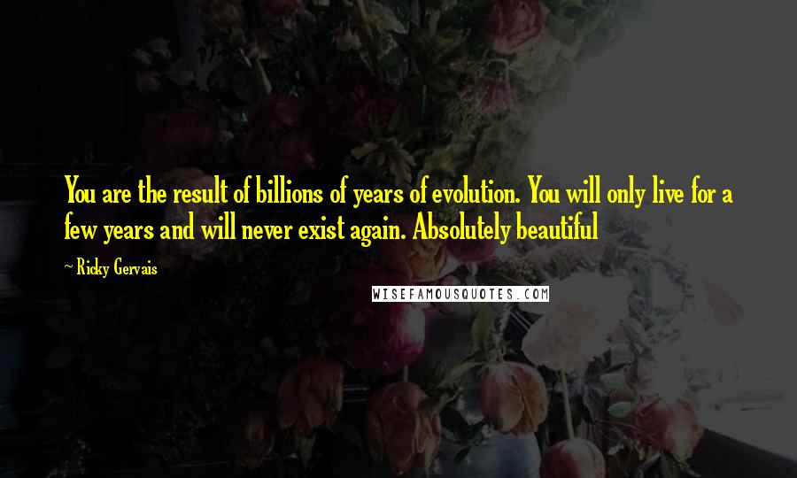 Ricky Gervais Quotes: You are the result of billions of years of evolution. You will only live for a few years and will never exist again. Absolutely beautiful