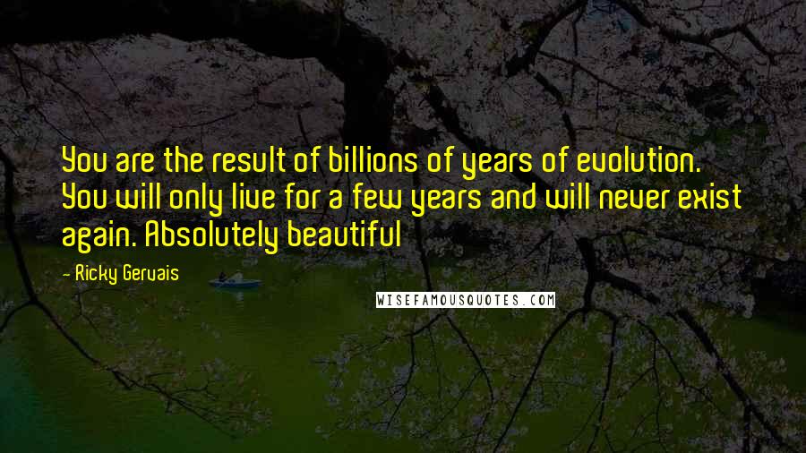 Ricky Gervais Quotes: You are the result of billions of years of evolution. You will only live for a few years and will never exist again. Absolutely beautiful