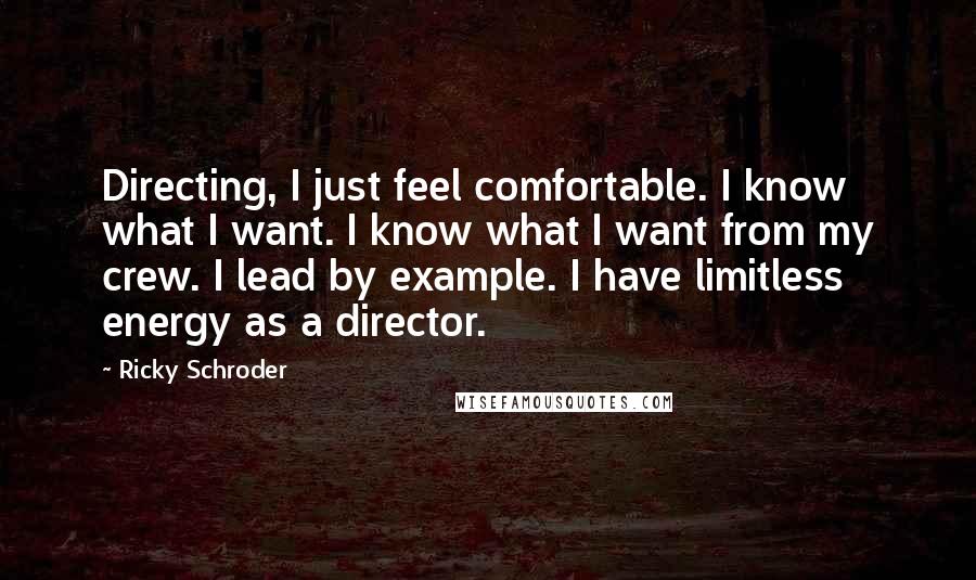 Ricky Schroder Quotes: Directing, I just feel comfortable. I know what I want. I know what I want from my crew. I lead by example. I have limitless energy as a director.