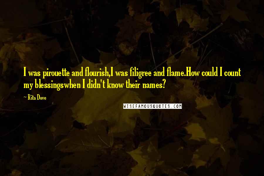 Rita Dove Quotes: I was pirouette and flourish,I was filigree and flame.How could I count my blessingswhen I didn't know their names?