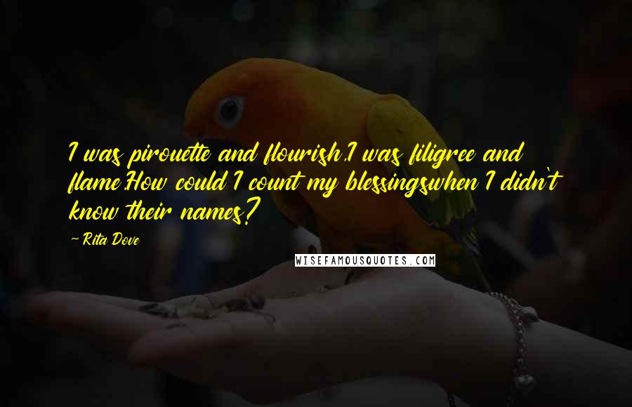 Rita Dove Quotes: I was pirouette and flourish,I was filigree and flame.How could I count my blessingswhen I didn't know their names?
