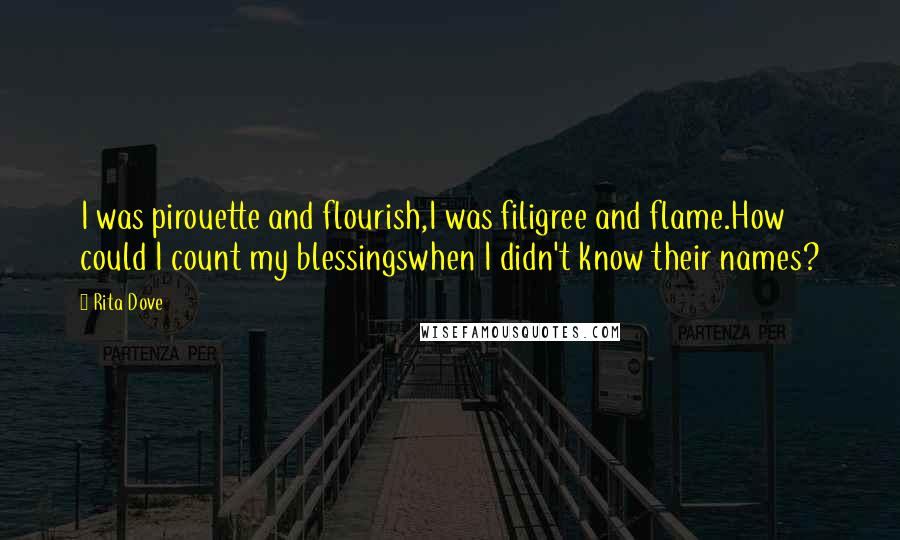 Rita Dove Quotes: I was pirouette and flourish,I was filigree and flame.How could I count my blessingswhen I didn't know their names?