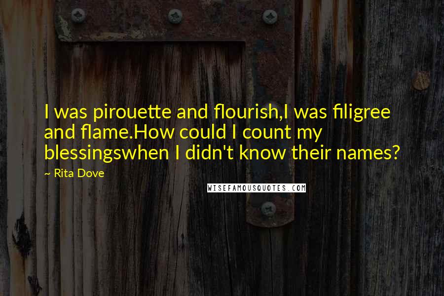 Rita Dove Quotes: I was pirouette and flourish,I was filigree and flame.How could I count my blessingswhen I didn't know their names?