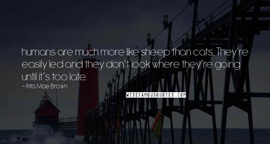 Rita Mae Brown Quotes: humans are much more like sheep than cats. They're easily led and they don't look where they're going until it's too late.