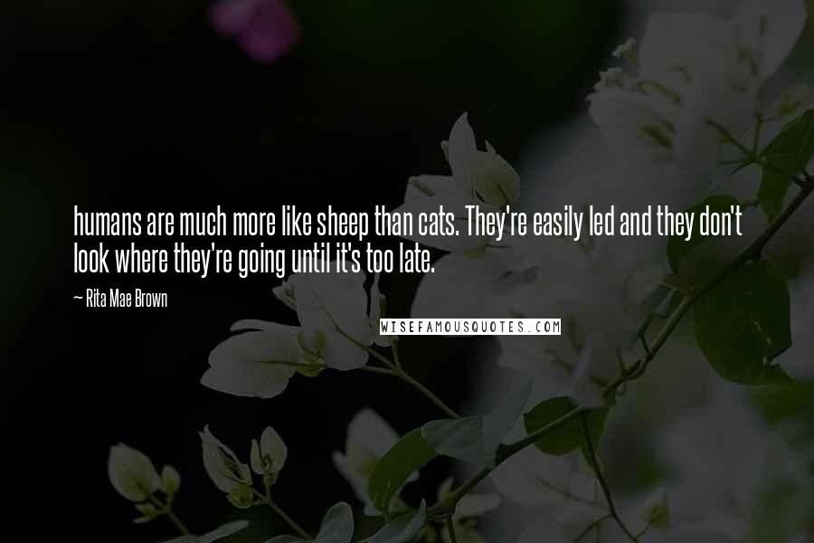 Rita Mae Brown Quotes: humans are much more like sheep than cats. They're easily led and they don't look where they're going until it's too late.