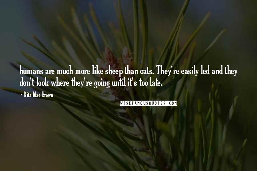 Rita Mae Brown Quotes: humans are much more like sheep than cats. They're easily led and they don't look where they're going until it's too late.